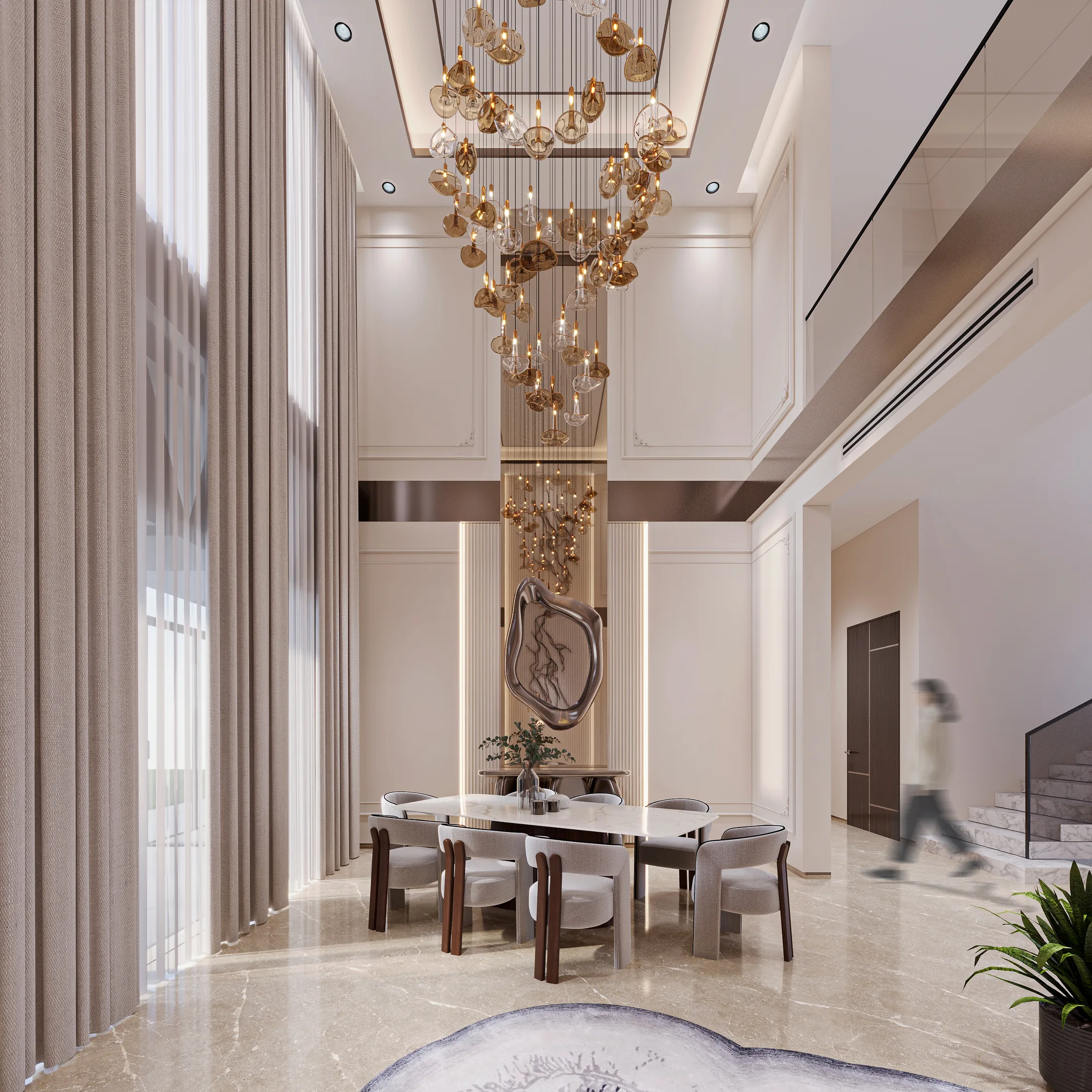 Double-height dining room with a long table and sculptural pendant lights