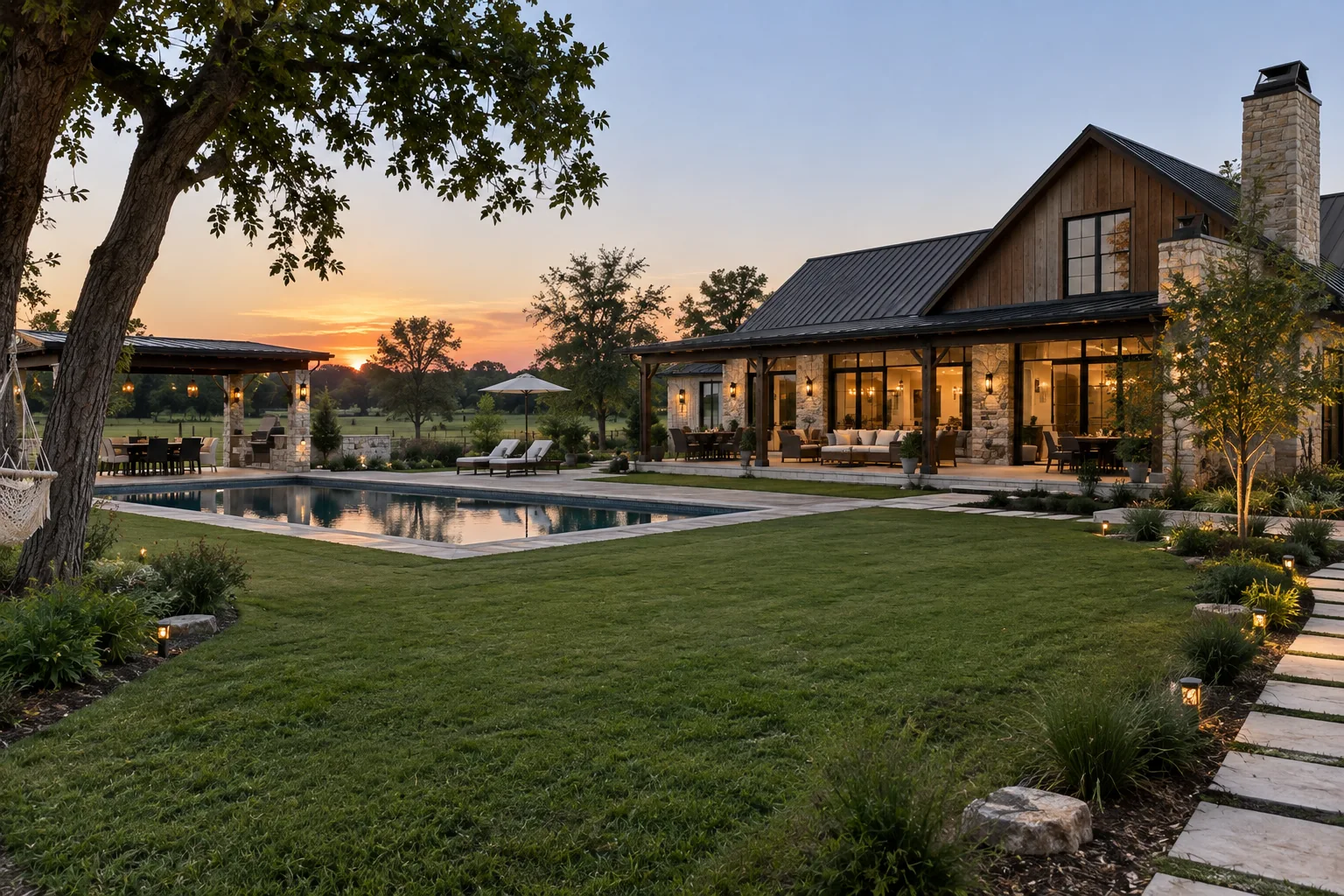 Bandhwari farmhouse with a pool and landscaped garden at sunset