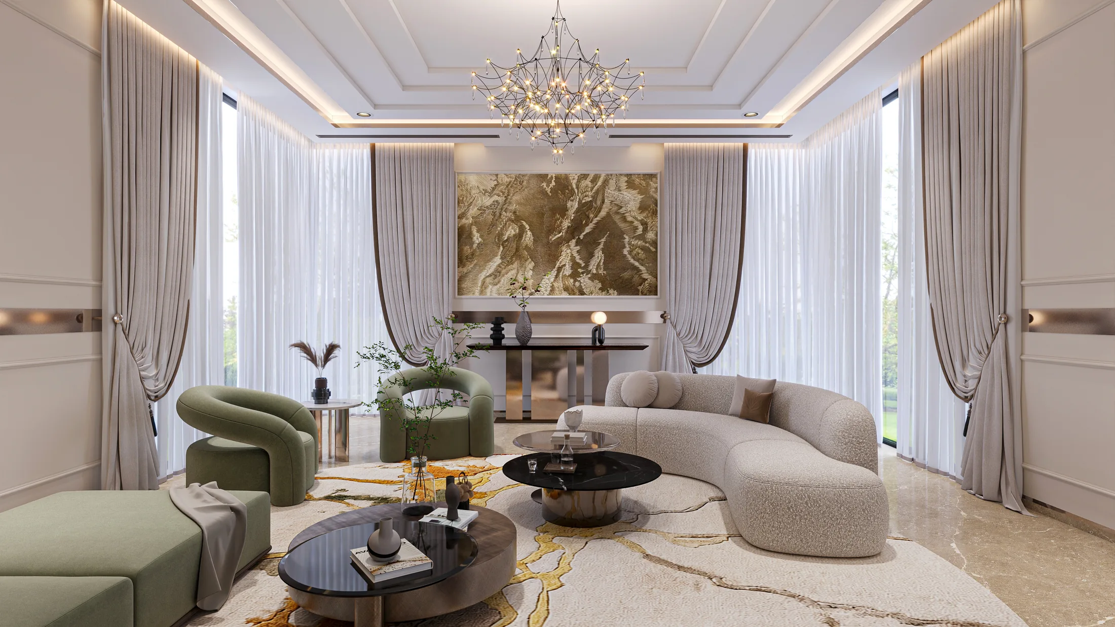 Light-filled living room with a curved sofa, full-height curtains and garden views