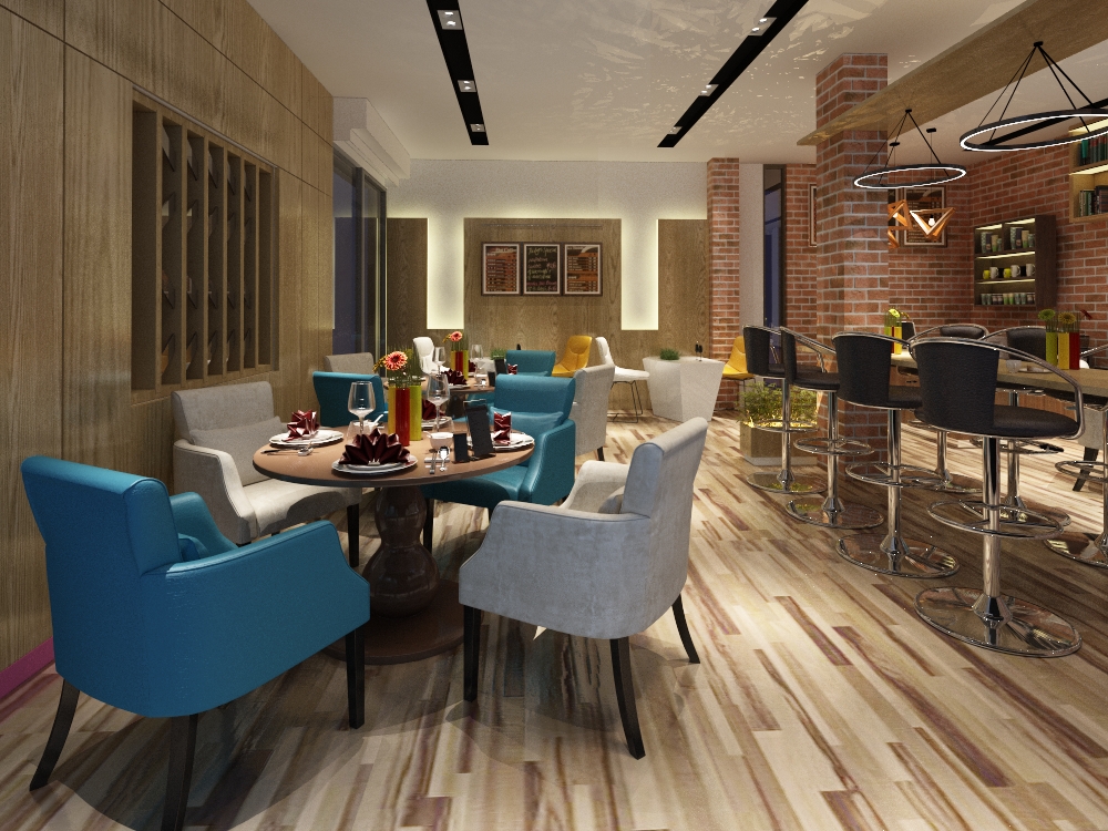 Contemporary café interior with communal and individual seating