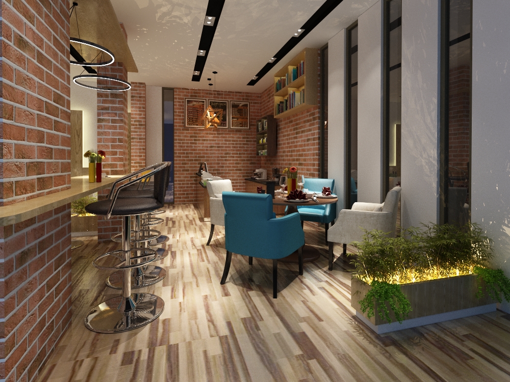Warm café interior with timber finishes, pendant lighting and varied seating