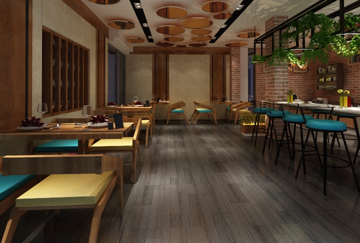 Restaurant café with a long communal table and warm pendant lighting