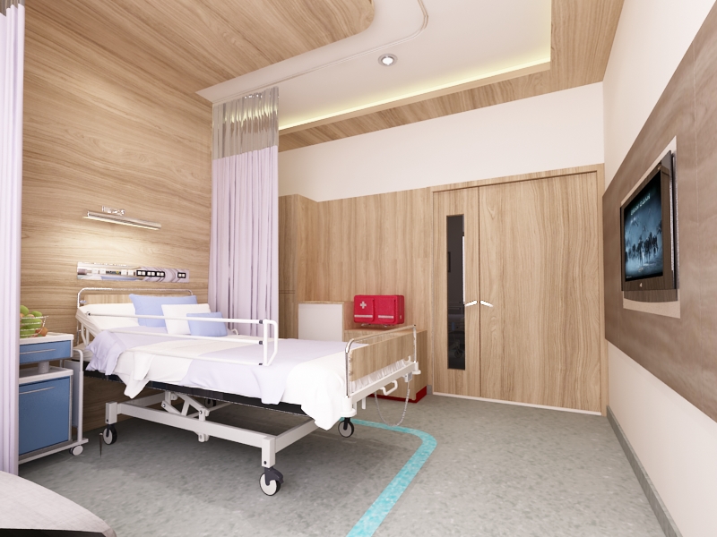 Hospital patient room with bed, bedside unit and privacy curtain