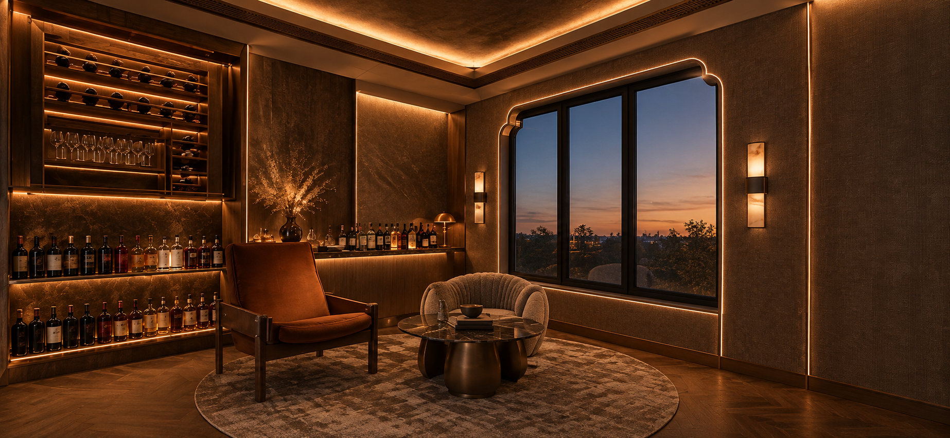 Private villa wine lounge with a sunset view