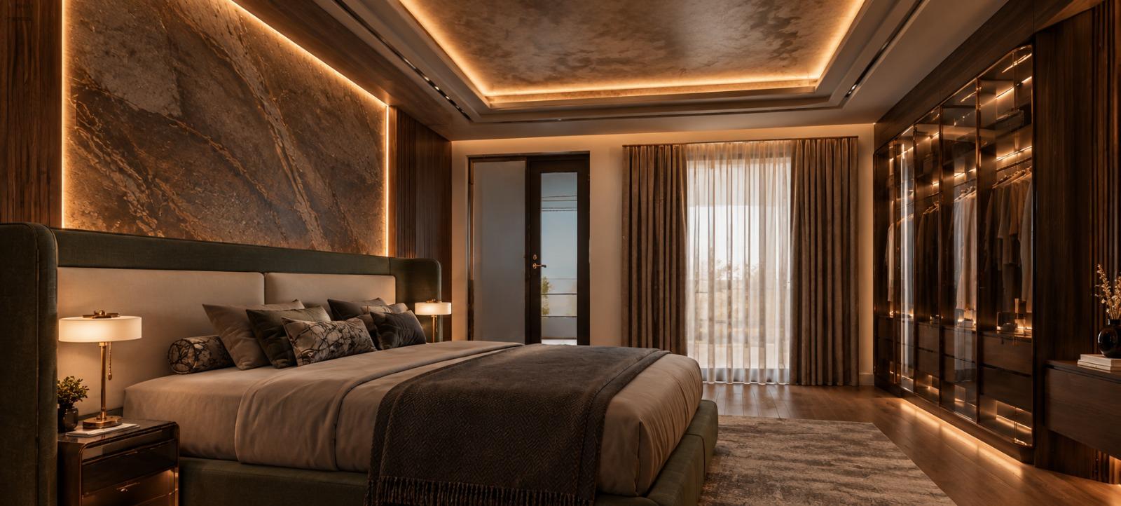 Private villa bedroom with a walk-in wardrobe