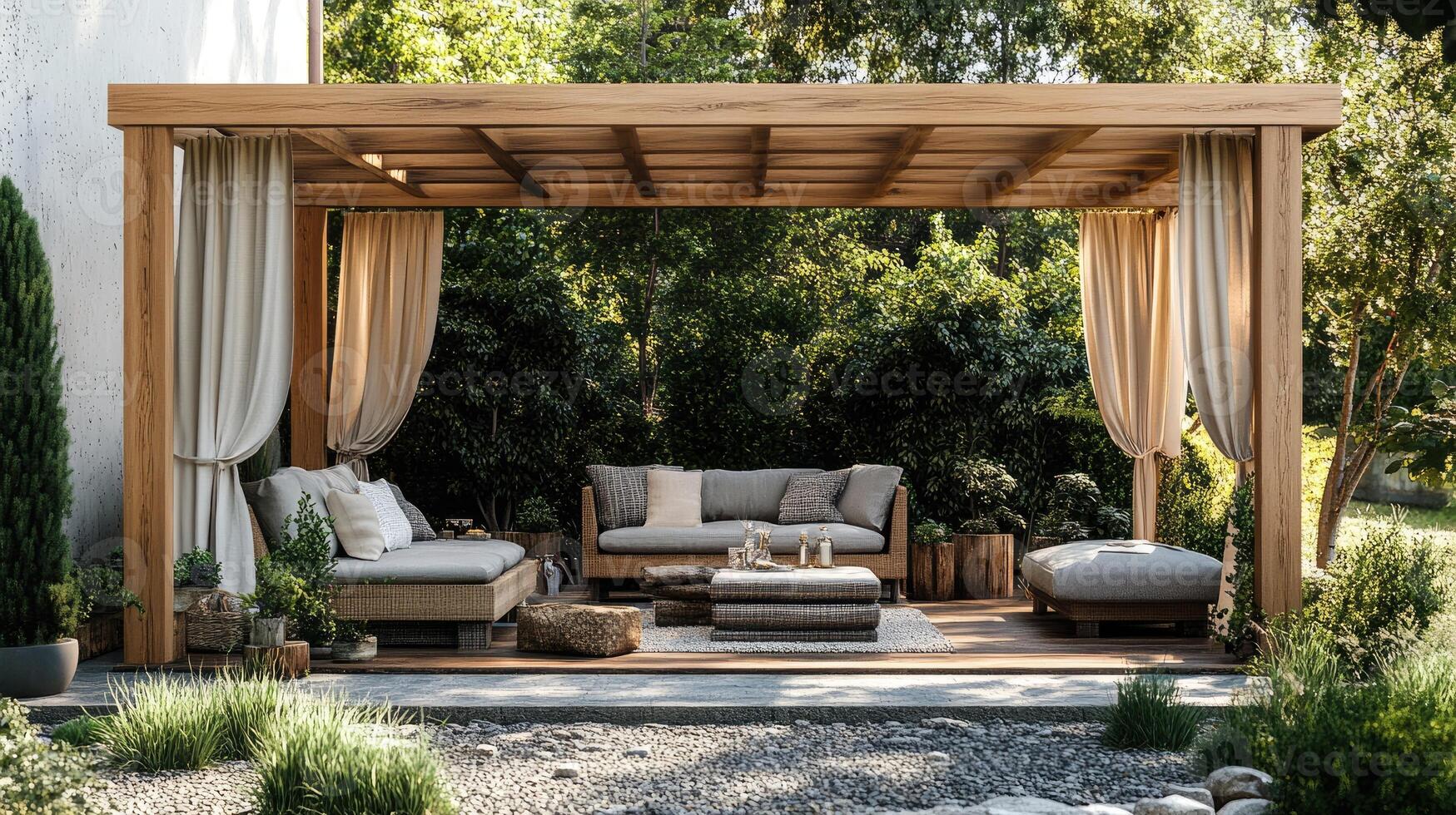 Garden lounge beneath a timber pergola