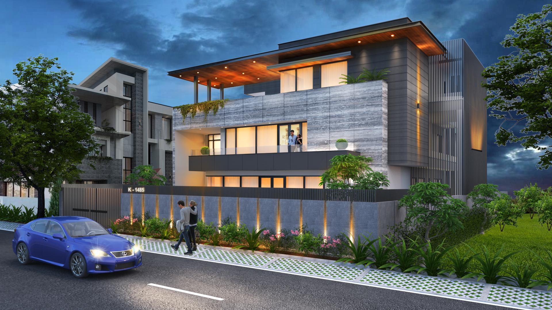 Contemporary multi-storey residence with a landscaped entrance